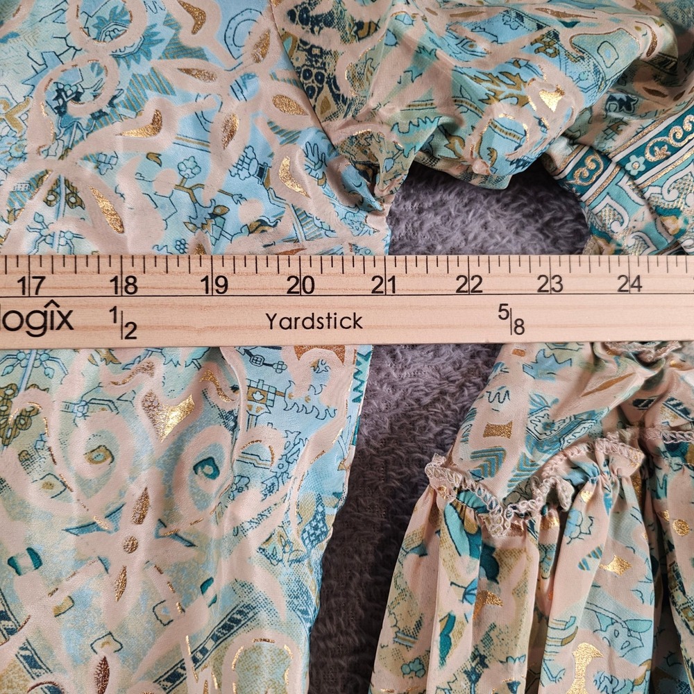 Bigg Bull Silk Blend Wrap Top Teal Gold Paisley Ruffle Bell Sleeve Boho Crop - Picture 5 of 7